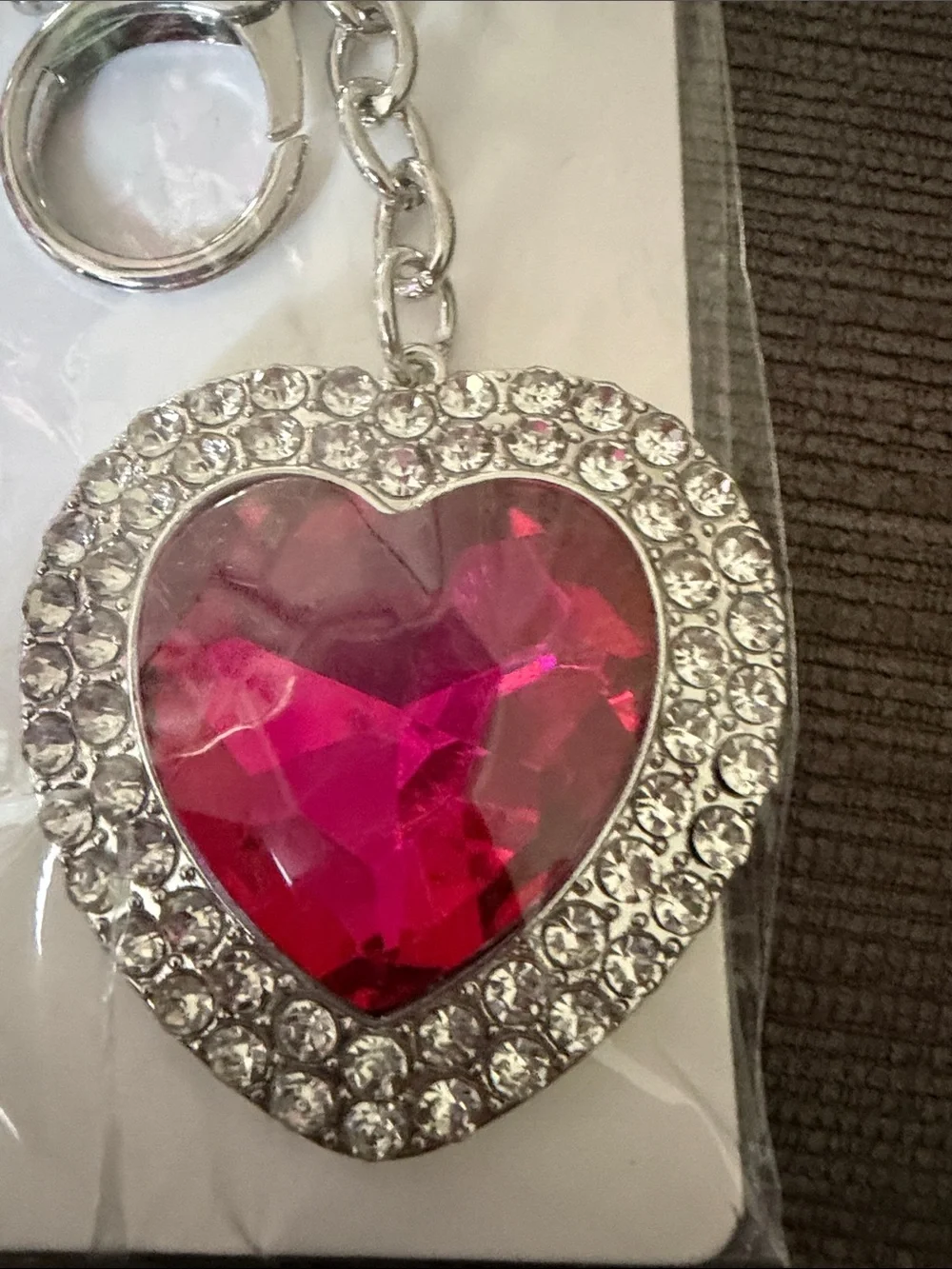 Silver Key & Card Holder with Pink Heart Gem